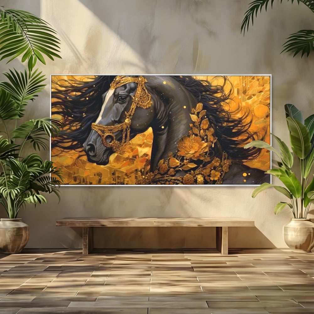 Tablou Canvas cu Armasar Negru si Ornamente Aurii, Negru Intens si Auriu Cald, M1341