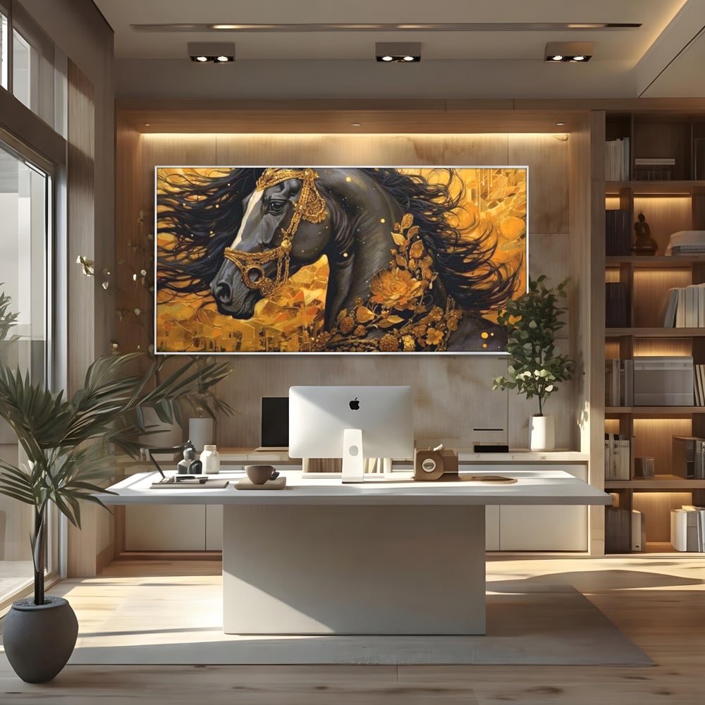 Tablou Canvas cu Armasar Negru si Ornamente Aurii, Negru Intens si Auriu Cald, M1341