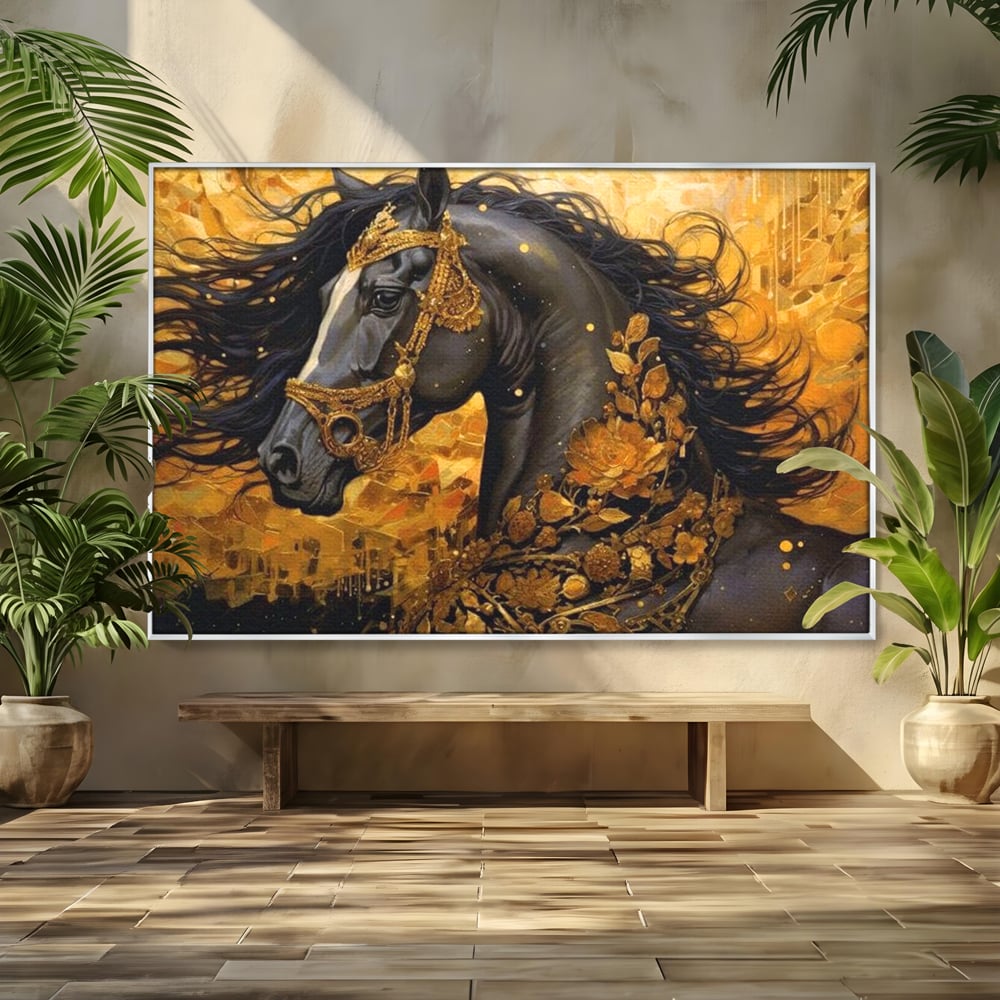 Tablou Canvas cu Armasar Negru si Ornamente Aurii, Negru Intens si Auriu Cald, M1341