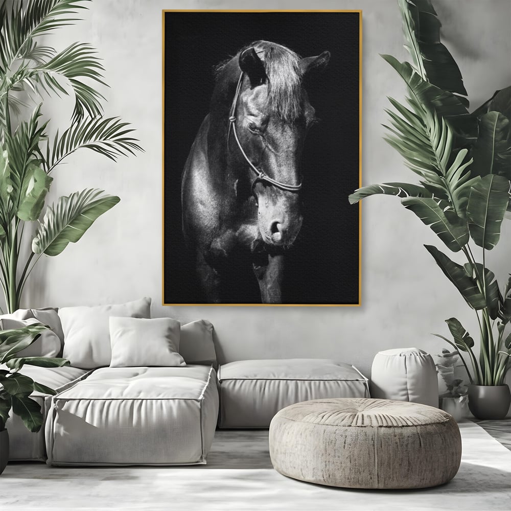 Tablou canvas cu tablou canvas cu un cal negru, in rama de aluminiu auriu, pe perete intr-un living