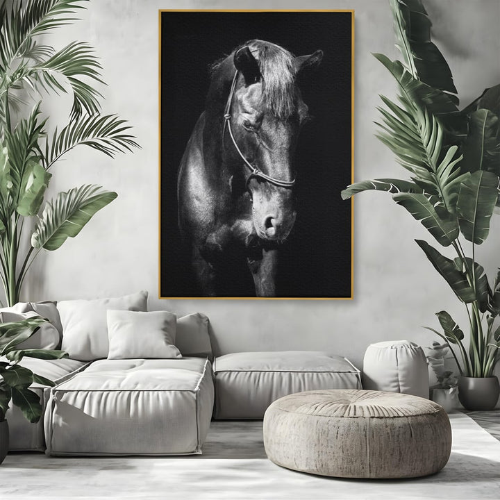 Tablou canvas cu tablou canvas cu un cal negru, in rama de aluminiu auriu, pe perete intr-un living