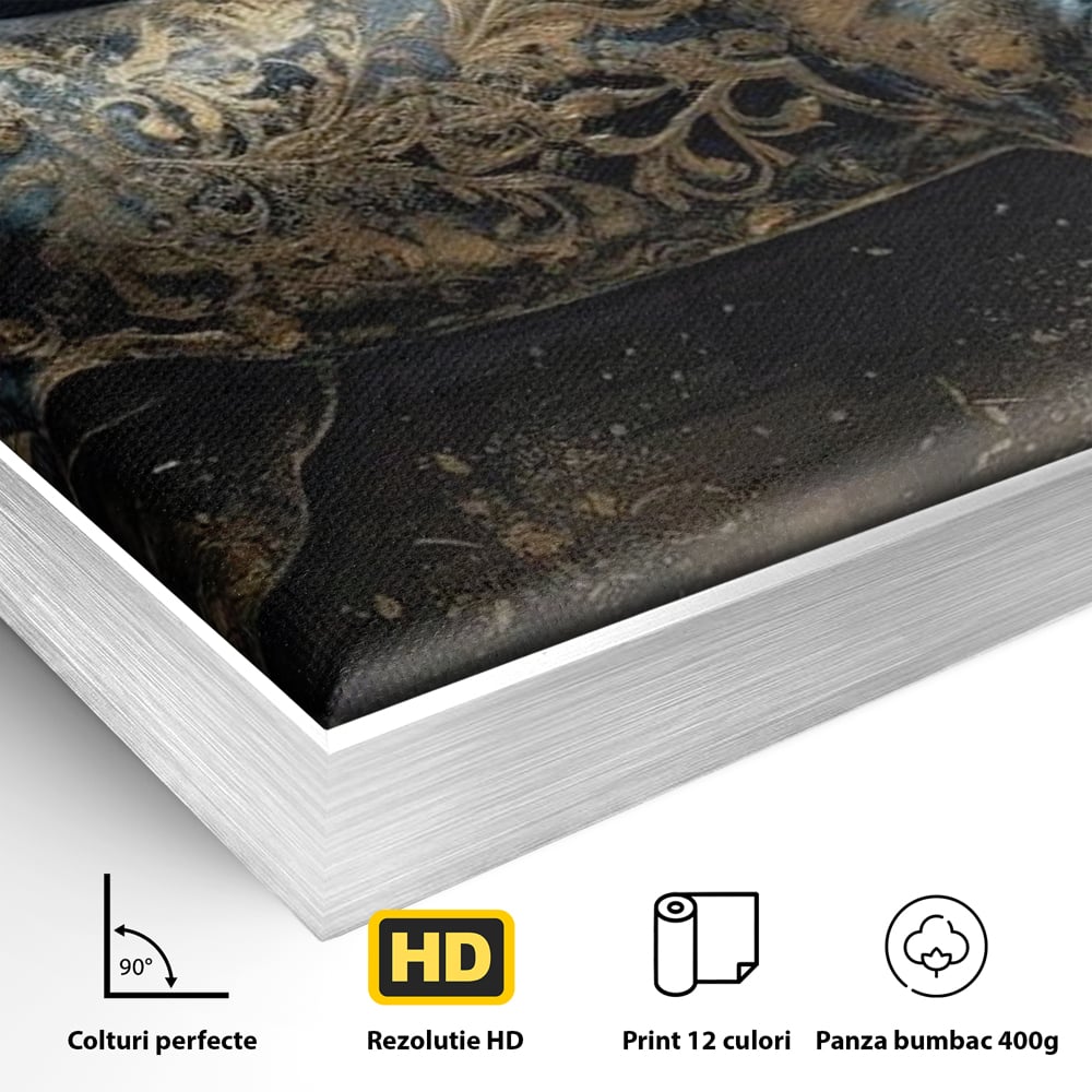 Detaliu al suprafetei: tablou canvas cu armasar in galop, in rama de aluminiu argintiu
