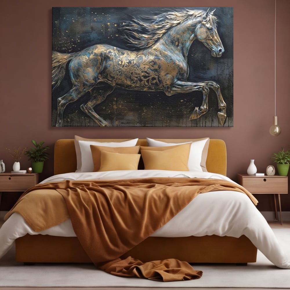 Tablou canvas cu tablou canvas cu armasar in galop, fara rama, pe sasiu de lemn, pe perete intr-un dormitor