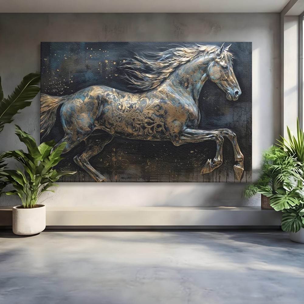 Tablou canvas cu tablou canvas cu armasar in galop, fara rama, pe sasiu de lemn