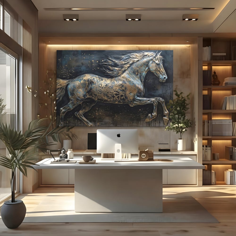 Tablou canvas cu tablou canvas cu armasar in galop, fara rama, pe sasiu de lemn, pe perete intr-un birou