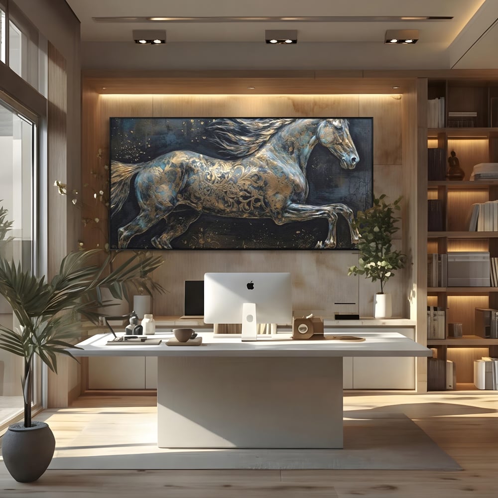 Tablou canvas cu tablou canvas cu armasar in galop, in rama de aluminiu negru, pe perete intr-un birou