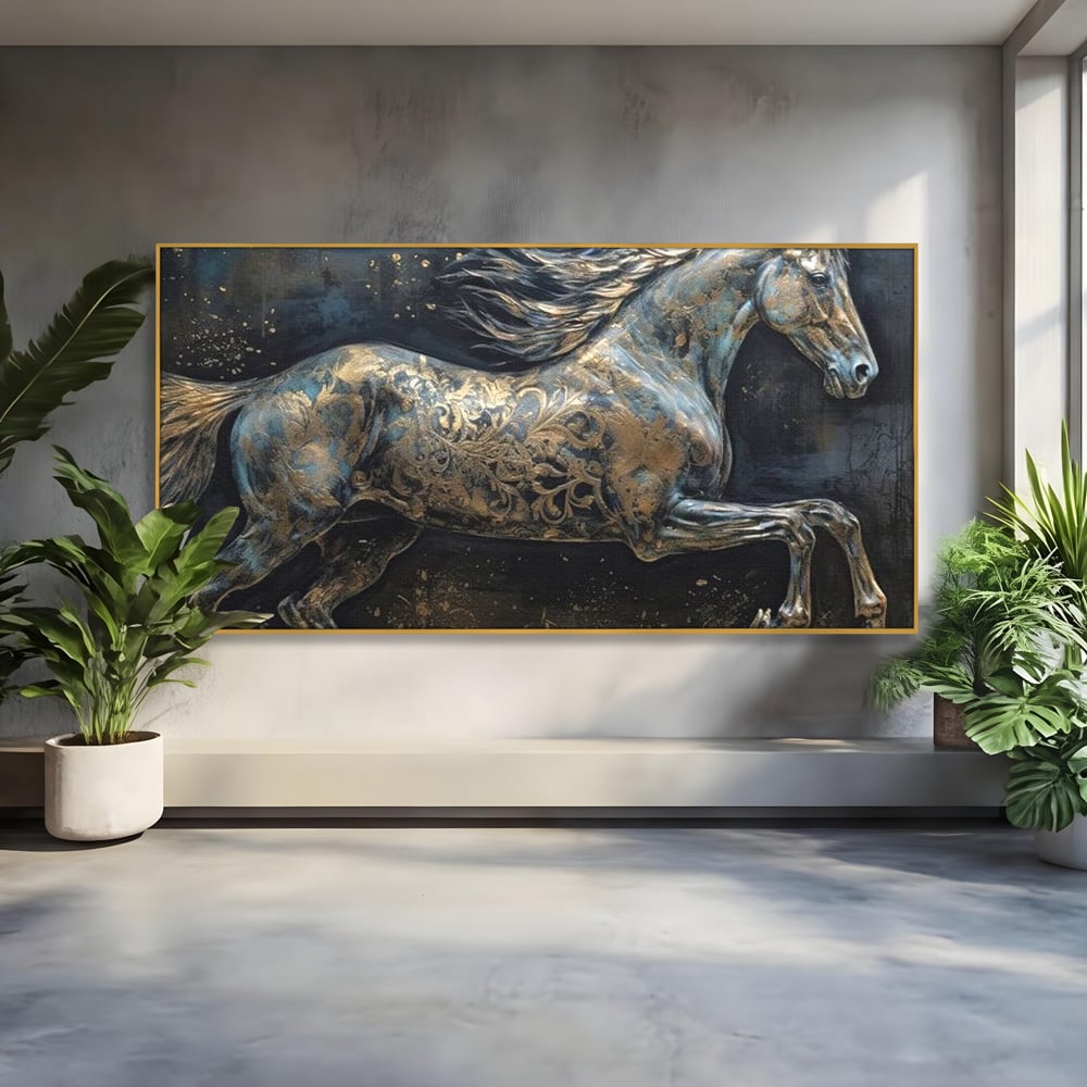 Tablou canvas cu tablou canvas cu armasar in galop, in rama de aluminiu auriu