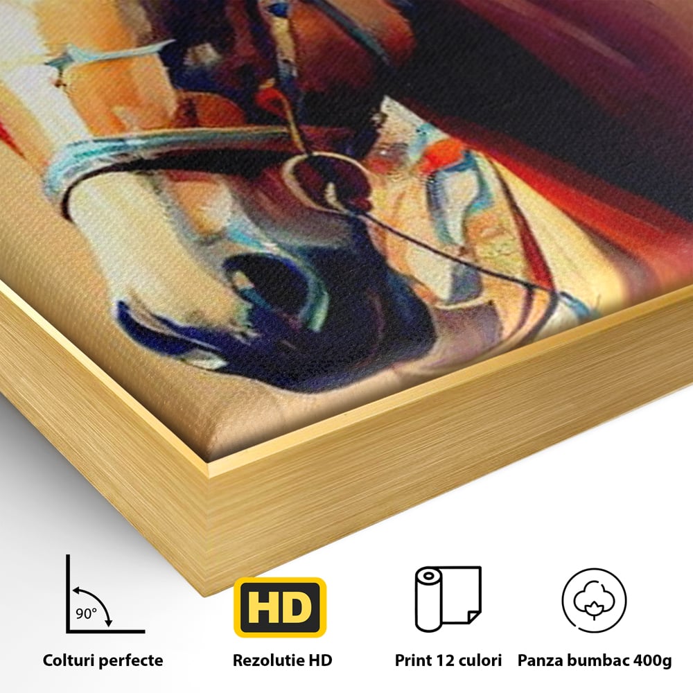 Detaliu al suprafetei: tablou canvas cu cap de cal pictat, in rama de aluminiu auriu