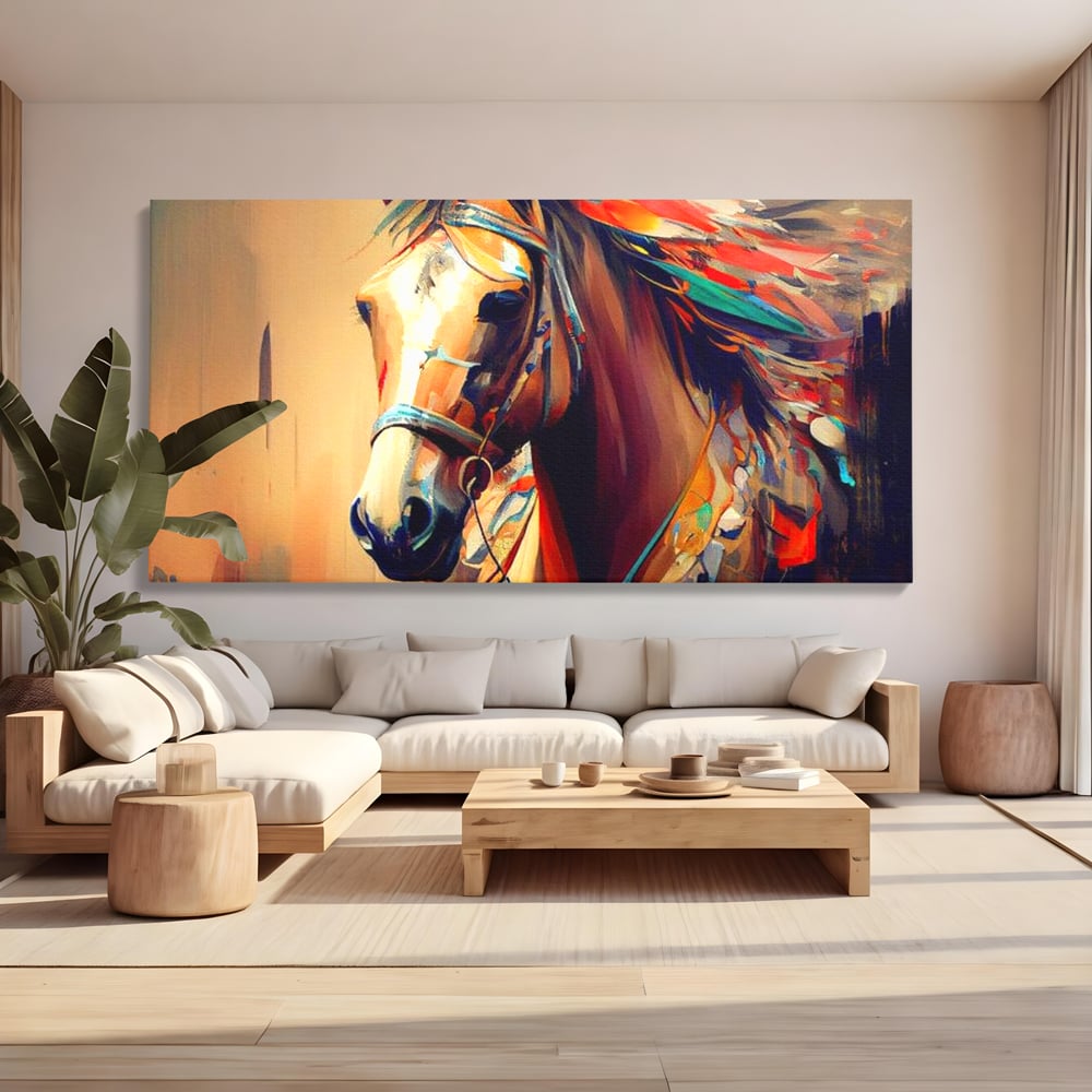 Tablou canvas cu tablou canvas cu cap de cal pictat, fara rama, pe sasiu de lemn, pe perete intr-un living