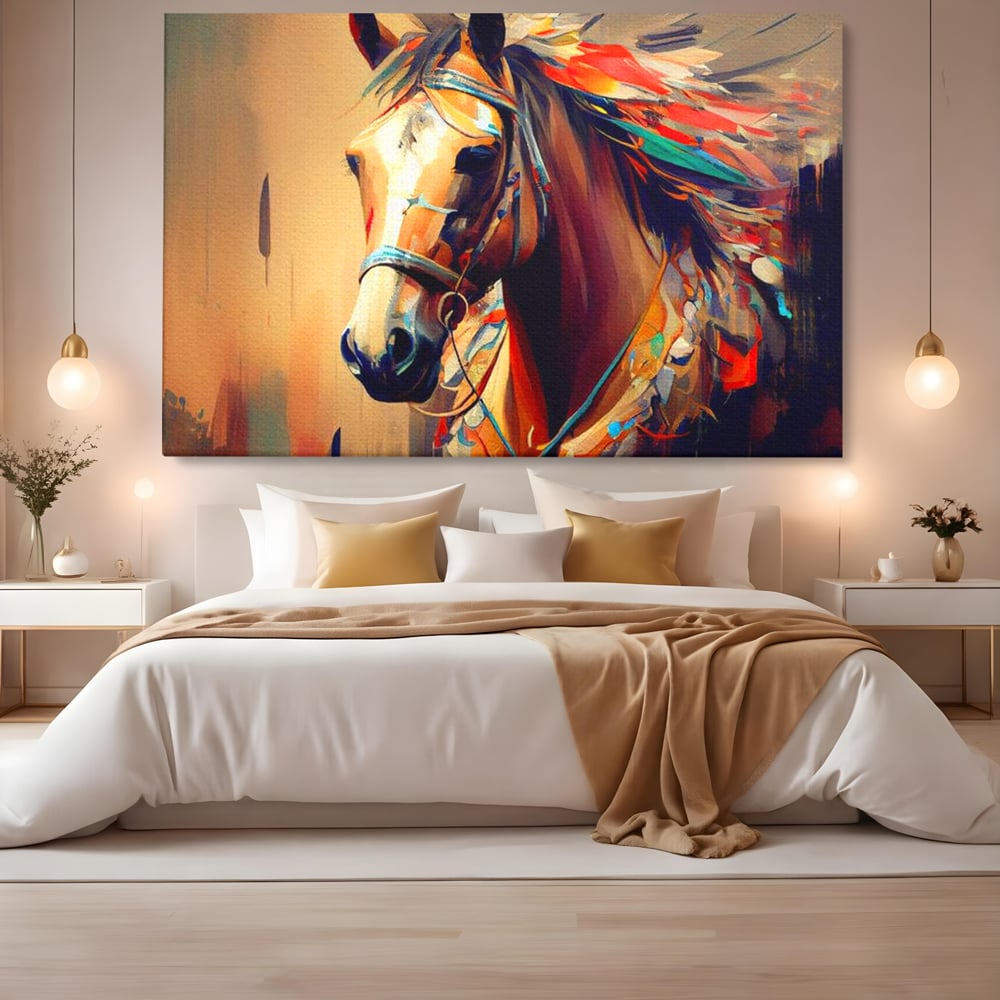 Tablou canvas cu tablou canvas cu cap de cal pictat, fara rama, pe sasiu de lemn, pe perete intr-un dormitor