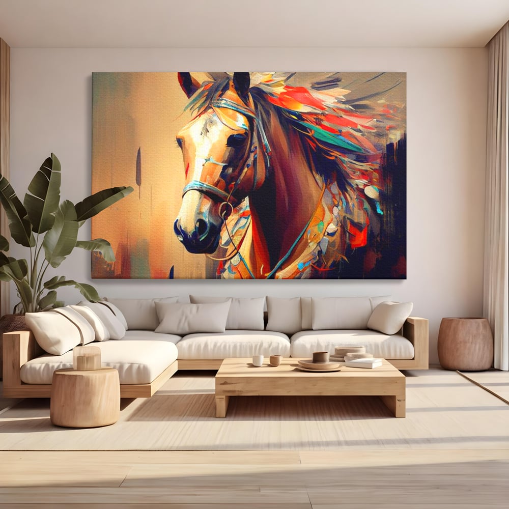 Tablou canvas cu tablou canvas cu cap de cal pictat, fara rama, pe sasiu de lemn, pe perete intr-un living