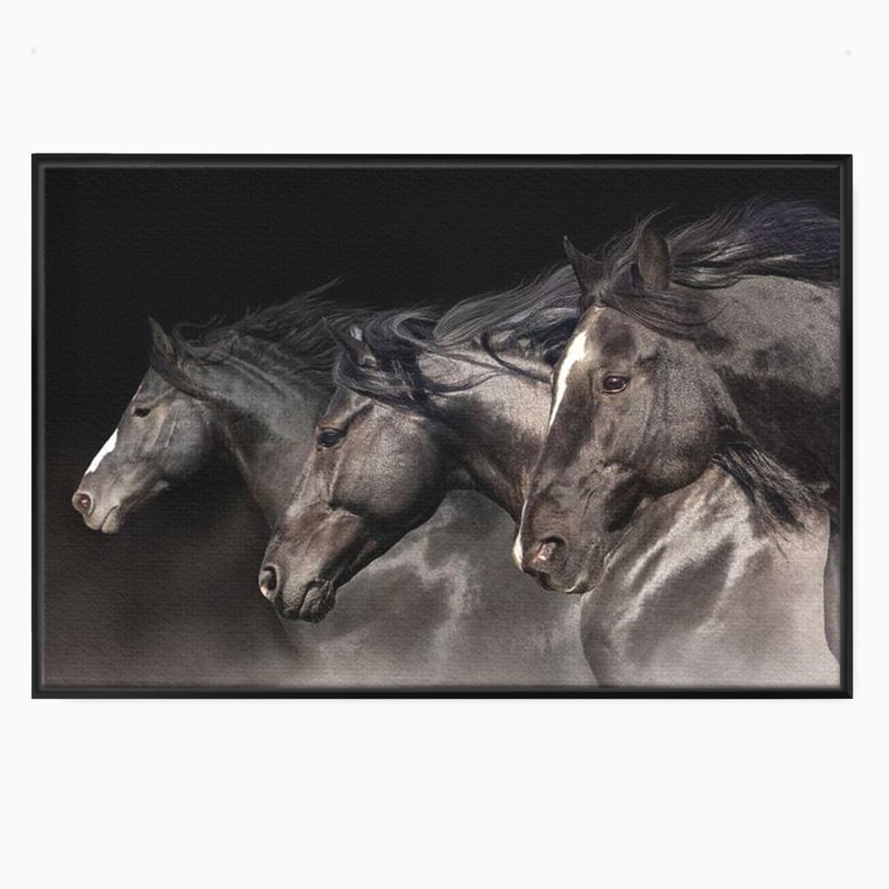 Tablou canvas cu tablou canvas cu trei cai negri in galop, in rama de aluminiu negru