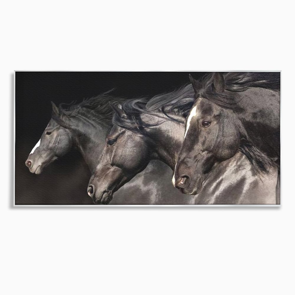 Tablou canvas cu tablou canvas cu trei cai negri in galop, in rama de aluminiu argintiu