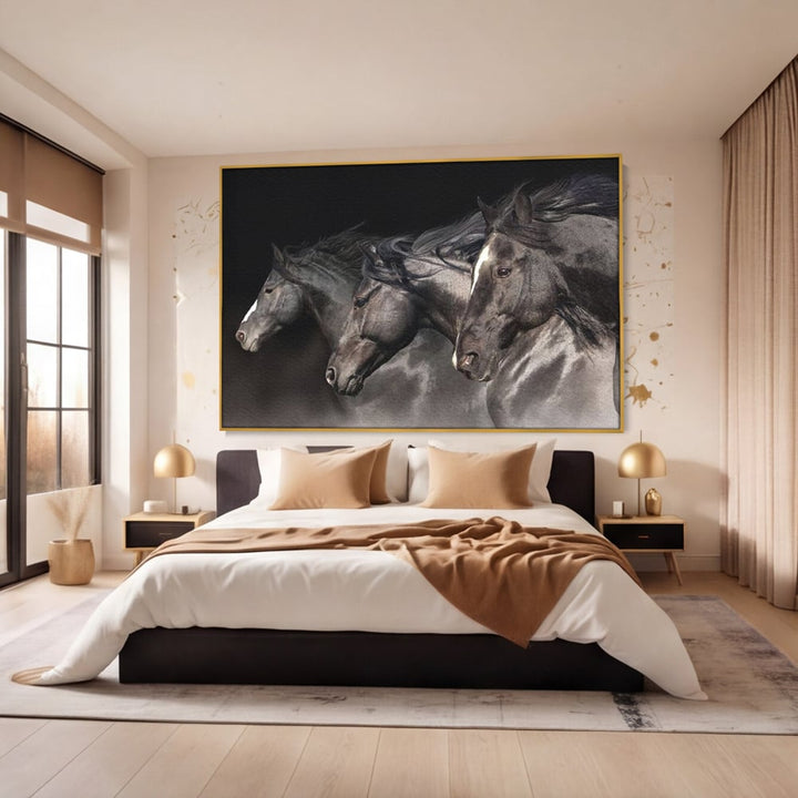 Tablou canvas cu tablou canvas cu trei cai negri in galop, in rama de aluminiu auriu, pe perete intr-un dormitor