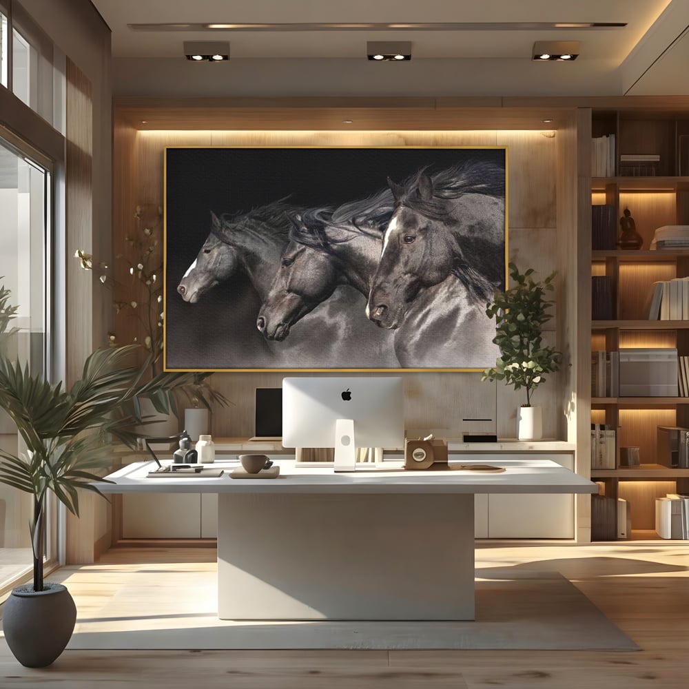 Tablou canvas cu tablou canvas cu trei cai negri in galop, in rama de aluminiu auriu, pe perete intr-un birou