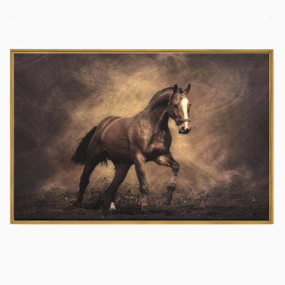 Tablou canvas cu tablou canvas cu cal maro in galop, in rama de aluminiu auriu
