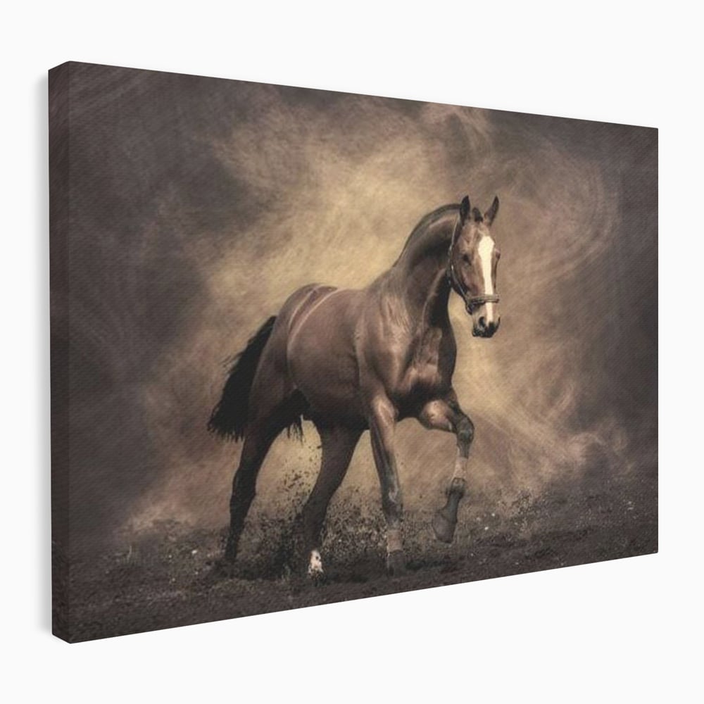 Tablou canvas cu tablou canvas cu cal maro in galop, fara rama, pe sasiu de lemn