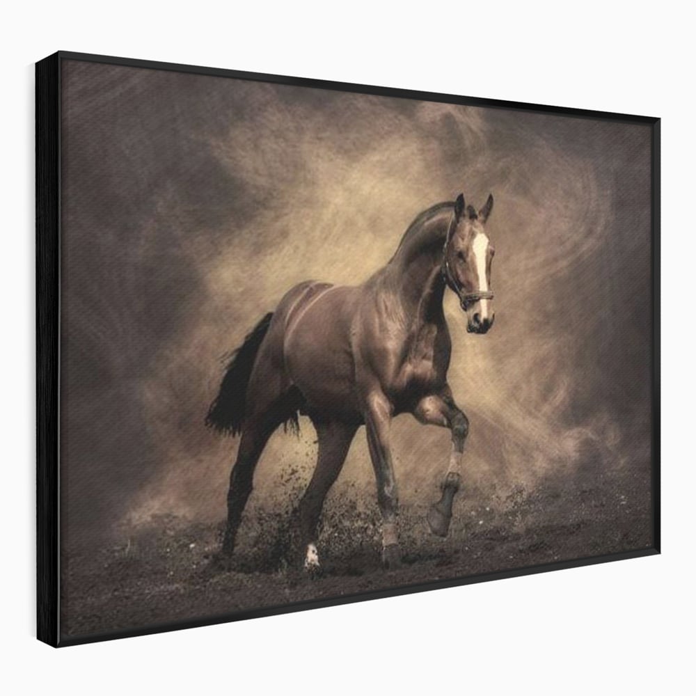 Tablou canvas cu tablou canvas cu cal maro in galop, in rama de aluminiu negru
