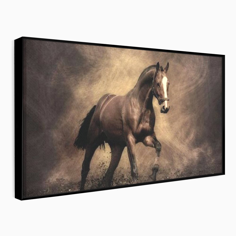 Tablou canvas cu tablou canvas cu cal maro in galop, in rama de aluminiu negru