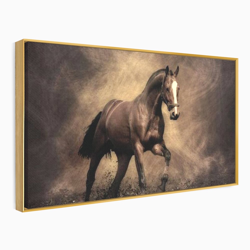 Tablou canvas cu tablou canvas cu cal maro in galop, in rama de aluminiu auriu