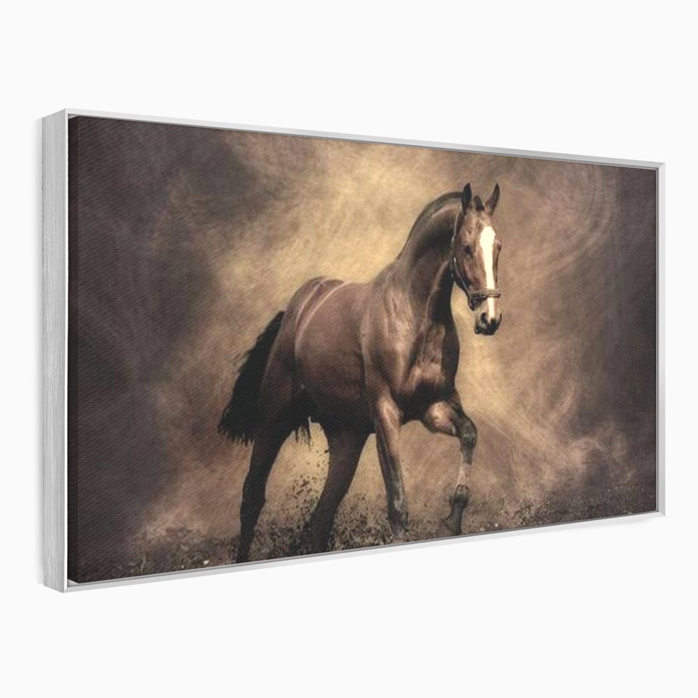 Tablou canvas cu tablou canvas cu cal maro in galop, in rama de aluminiu argintiu