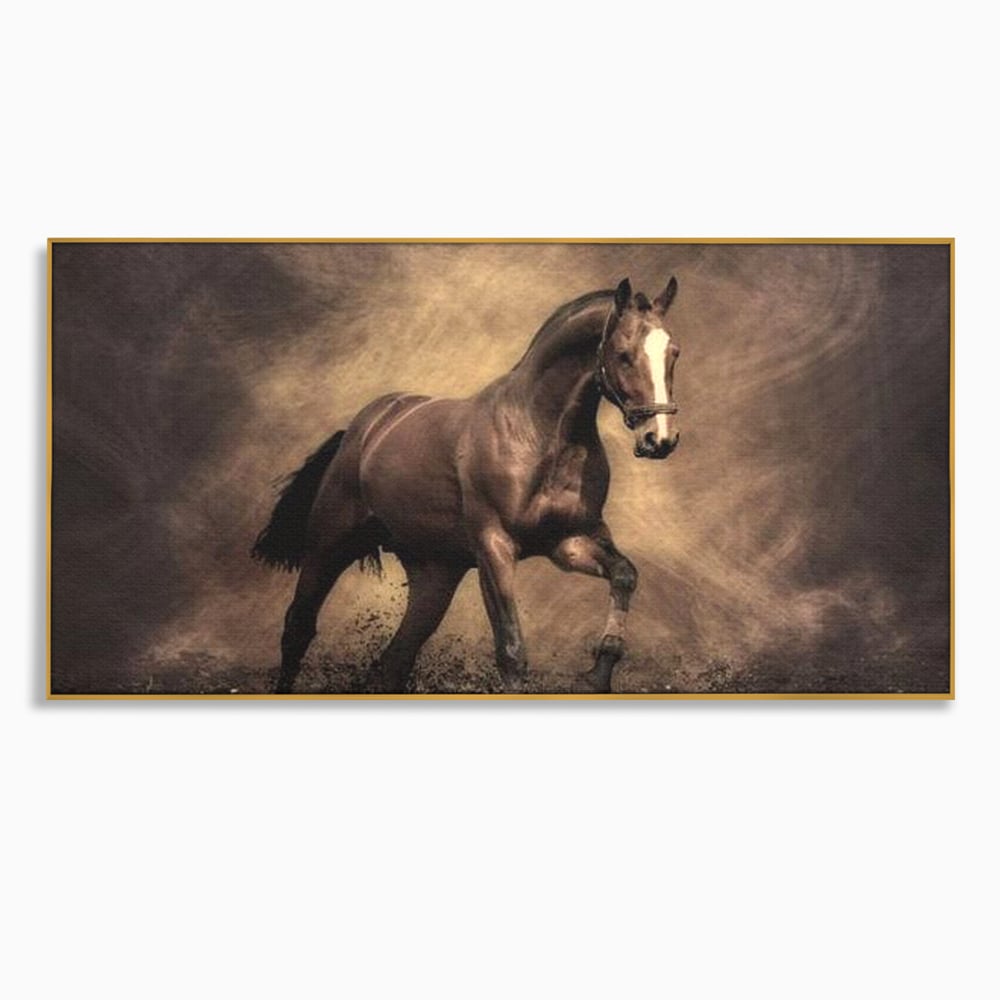 Tablou canvas cu tablou canvas cu cal maro in galop, in rama de aluminiu auriu
