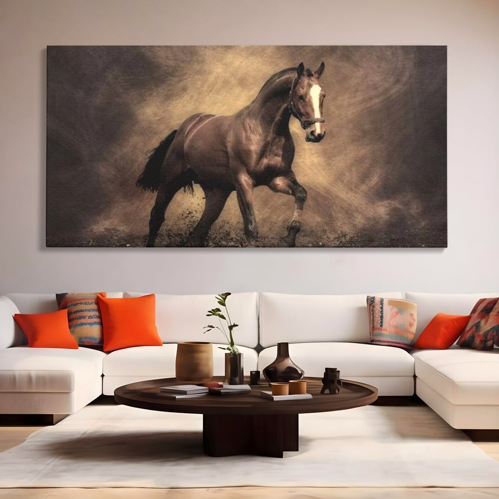 Tablou canvas cu tablou canvas cu cal maro in galop, fara rama, pe sasiu de lemn, pe perete intr-un living