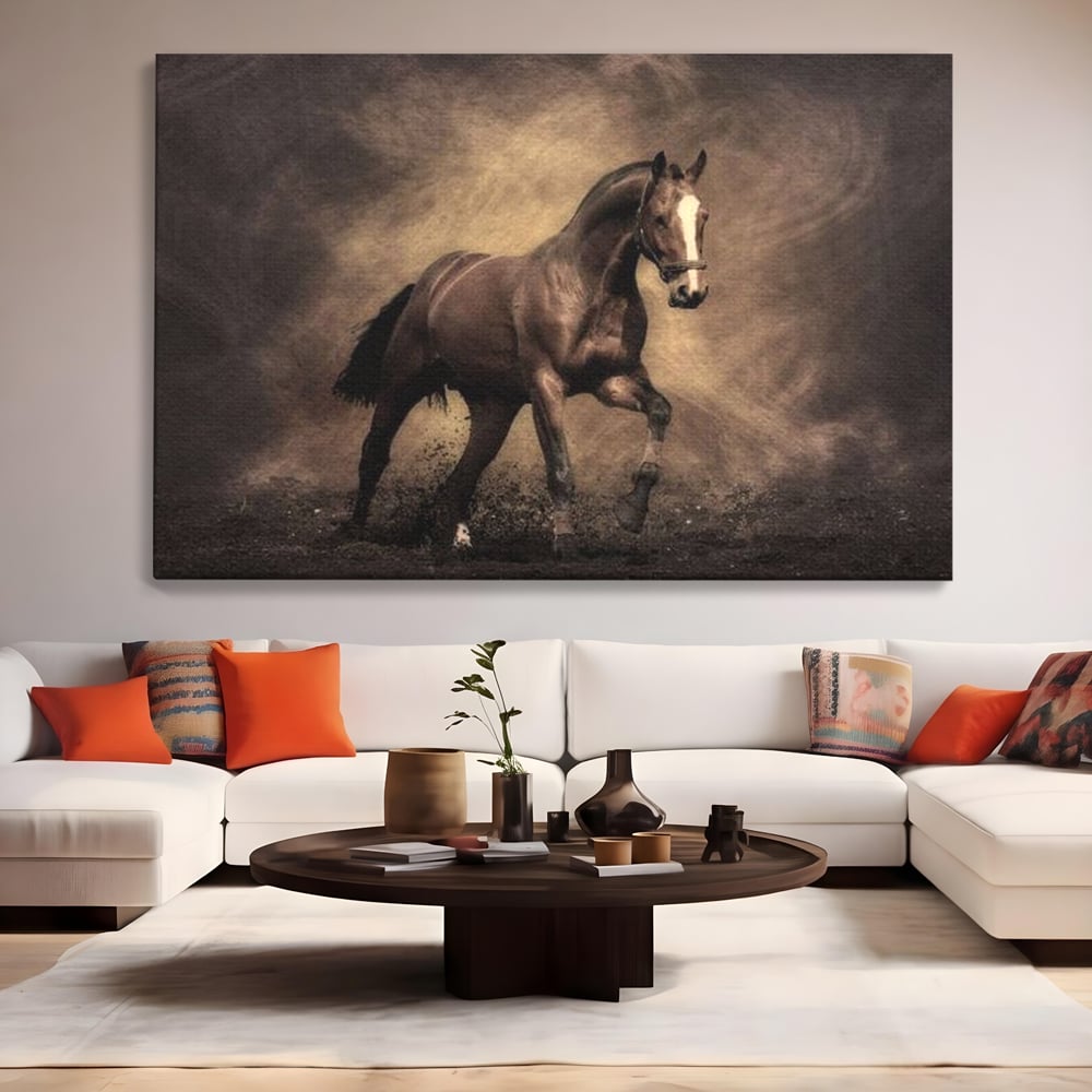 Tablou canvas cu tablou canvas cu cal maro in galop, fara rama, pe sasiu de lemn, pe perete intr-un living