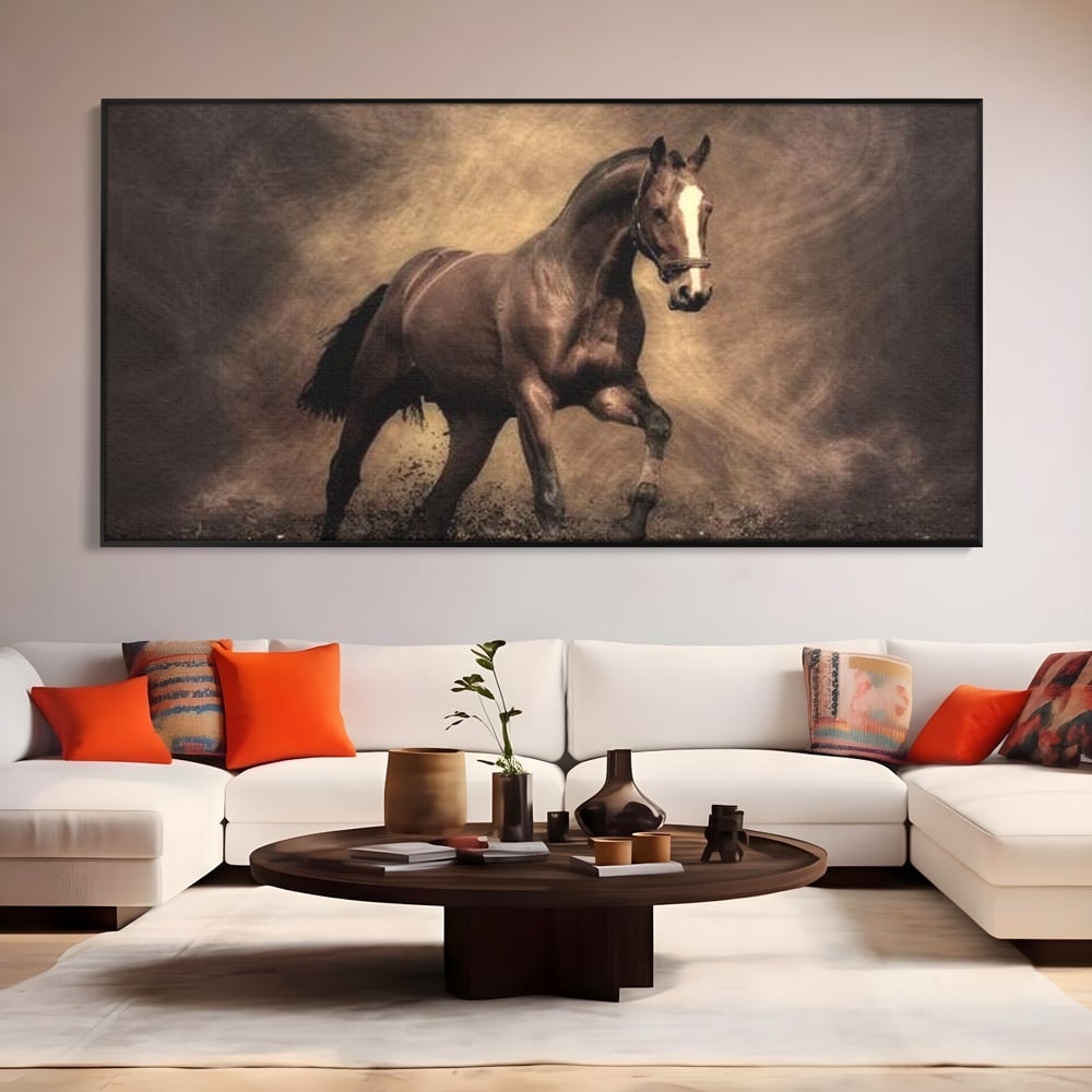 Tablou canvas cu tablou canvas cu cal maro in galop, in rama de aluminiu negru, pe perete intr-un living