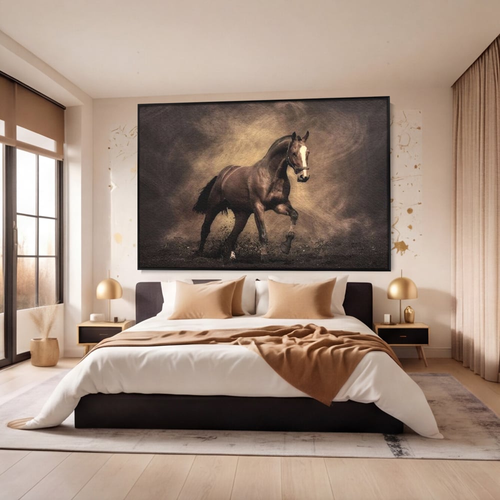 Tablou canvas cu tablou canvas cu cal maro in galop, in rama de aluminiu negru, pe perete intr-un dormitor