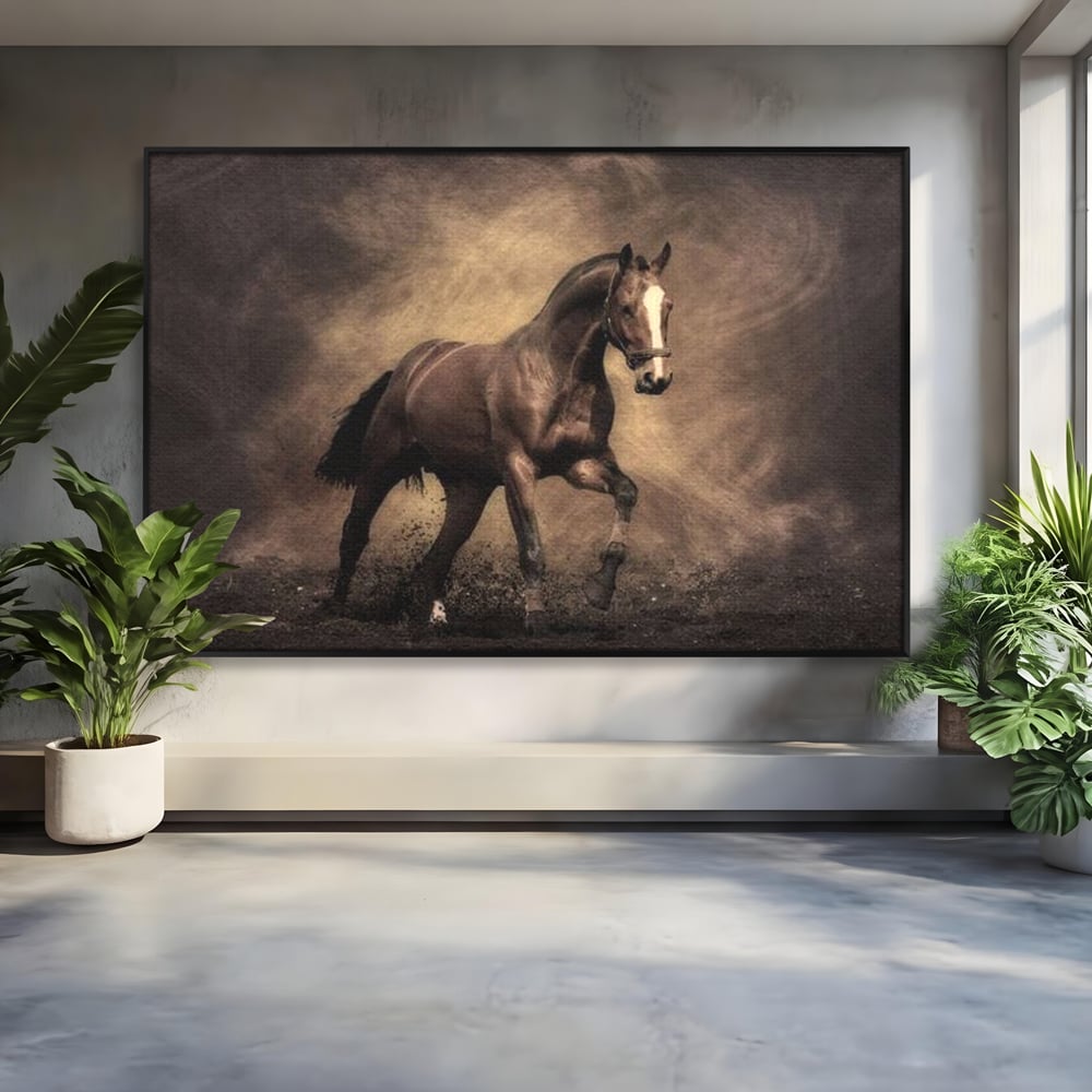 Tablou canvas cu tablou canvas cu cal maro in galop, in rama de aluminiu negru