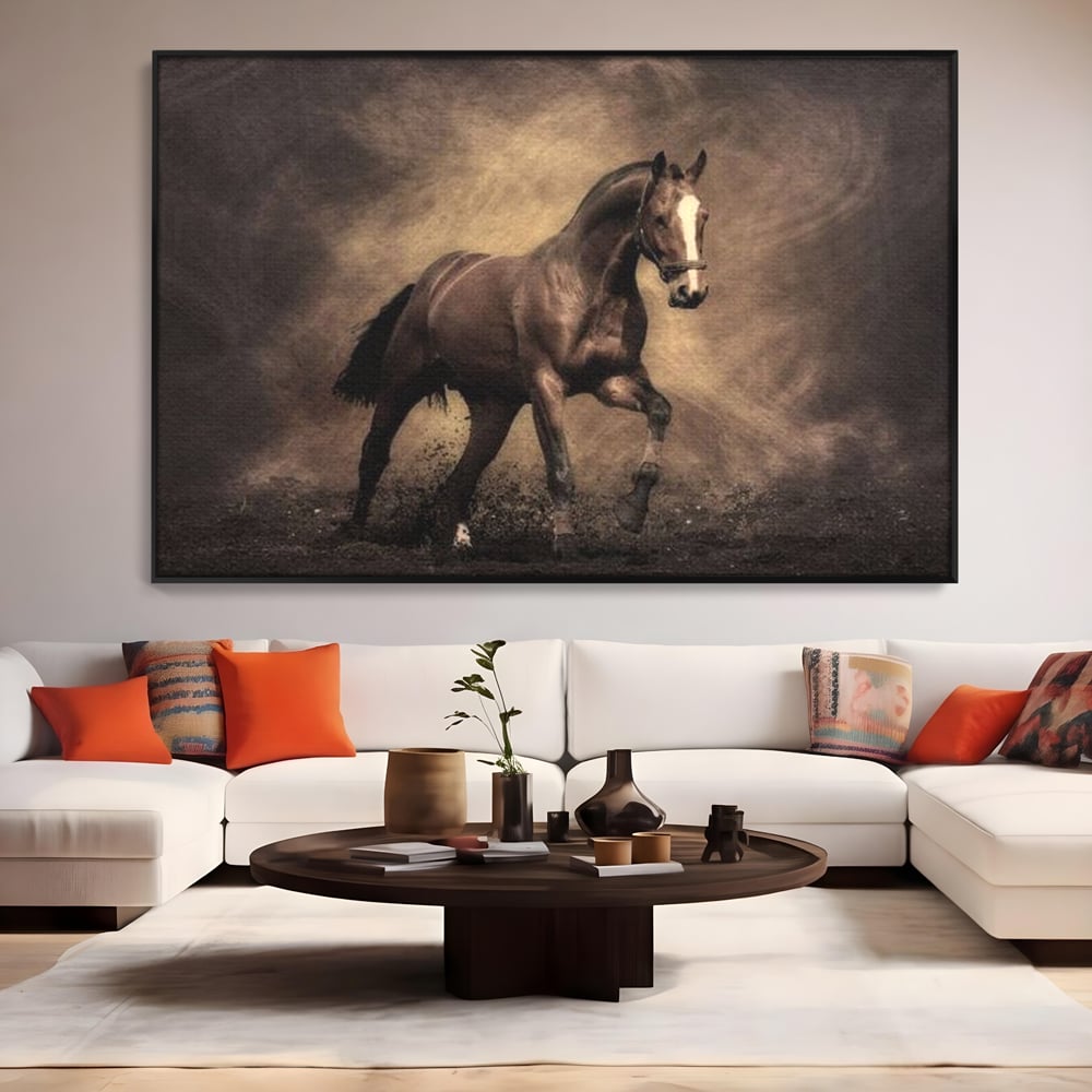 Tablou canvas cu tablou canvas cu cal maro in galop, in rama de aluminiu negru, pe perete intr-un living