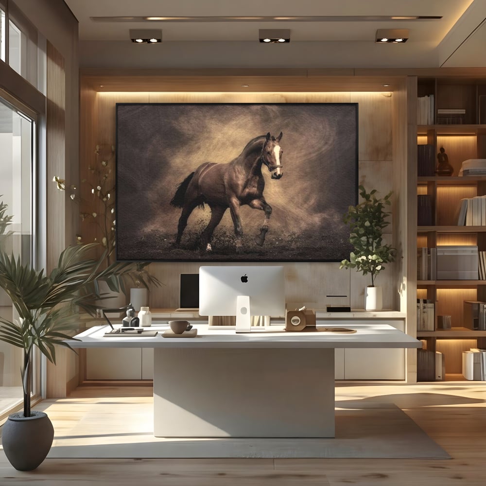Tablou canvas cu tablou canvas cu cal maro in galop, in rama de aluminiu negru, pe perete intr-un birou