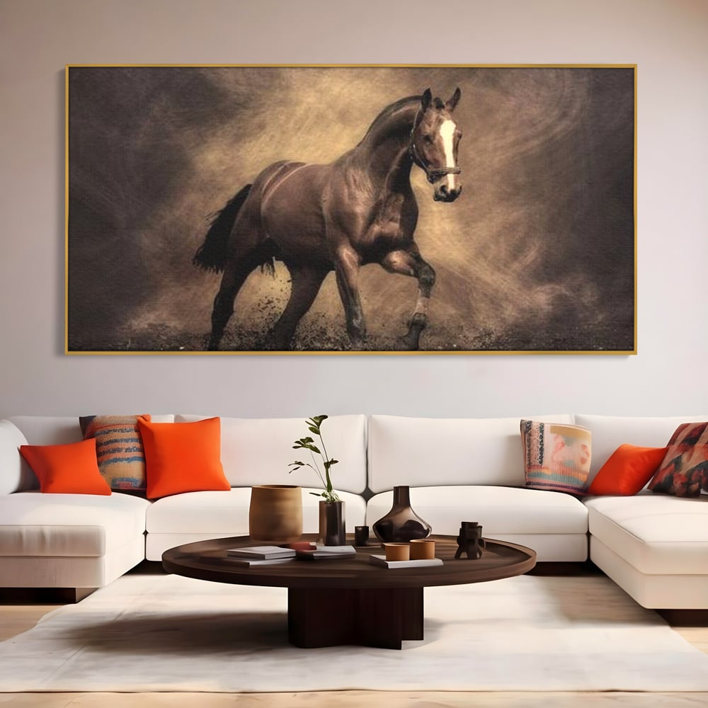 Tablou canvas cu tablou canvas cu cal maro in galop, in rama de aluminiu auriu, pe perete intr-un living