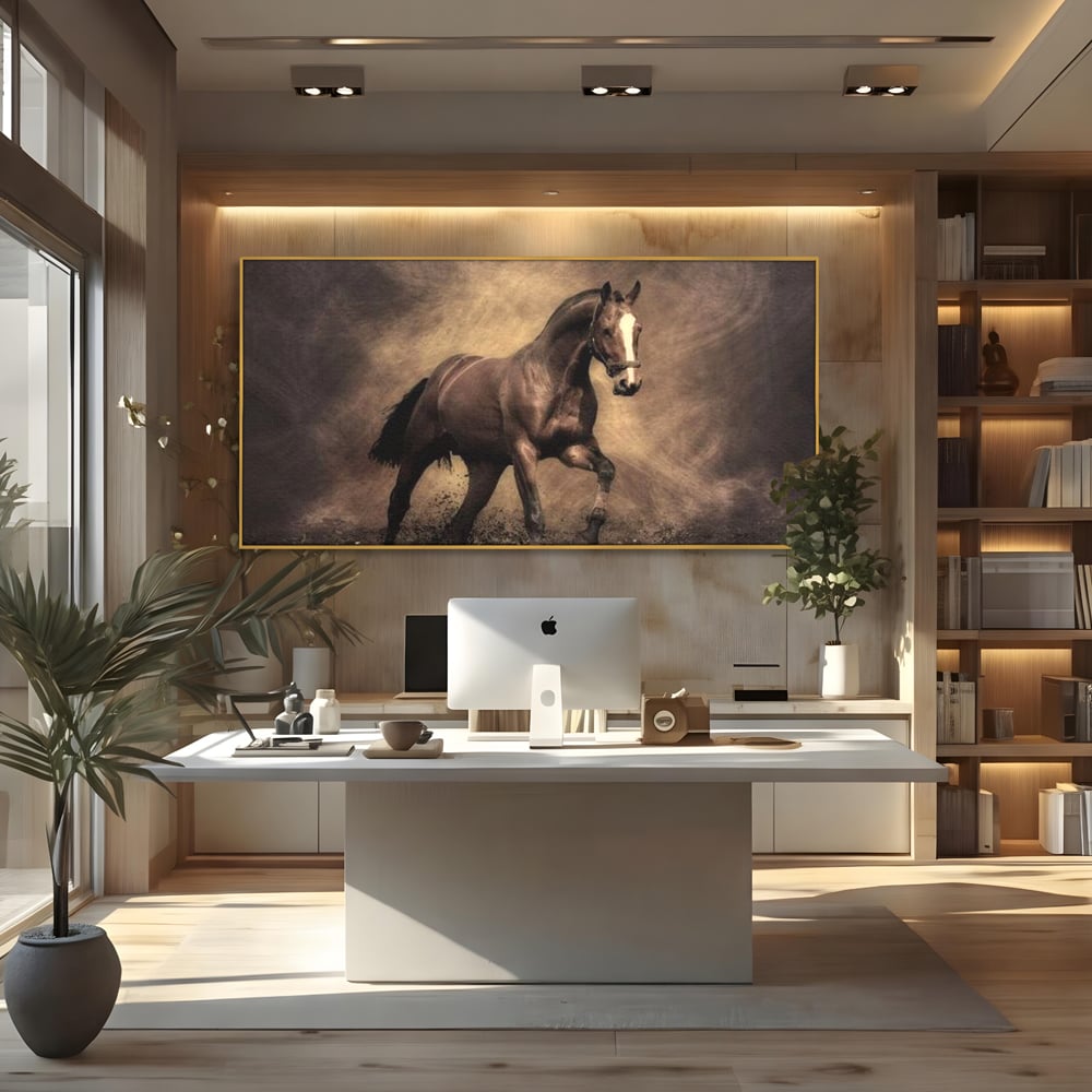 Tablou canvas cu tablou canvas cu cal maro in galop, in rama de aluminiu auriu, pe perete intr-un birou