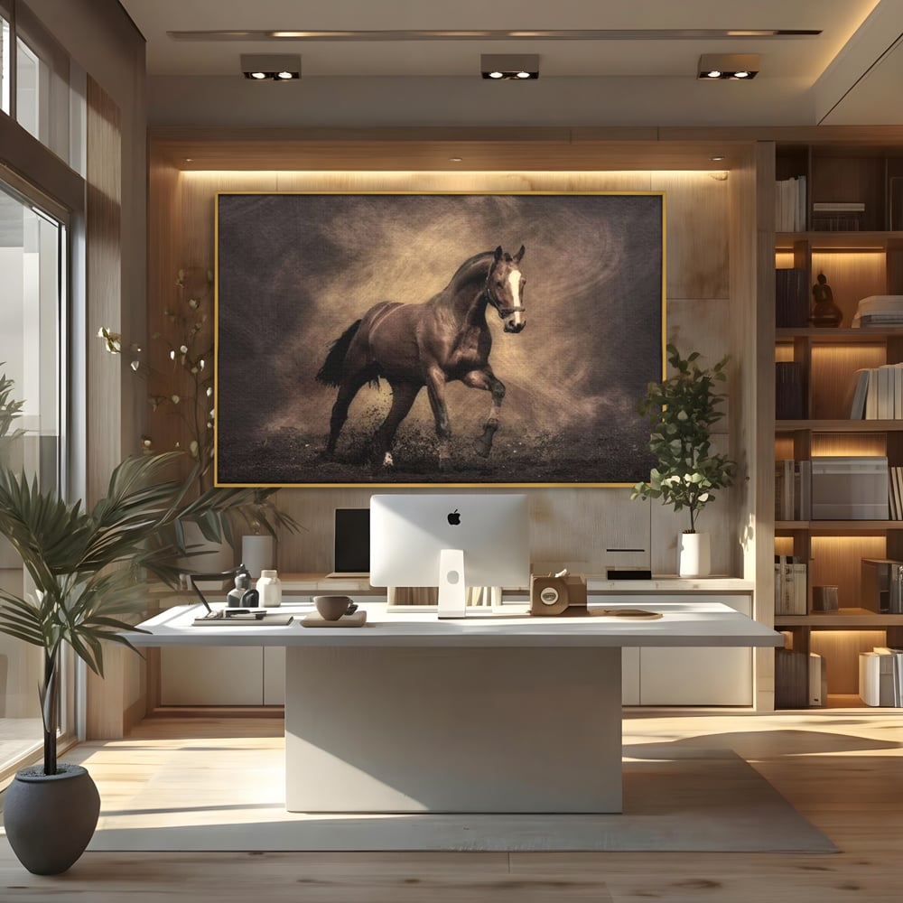Tablou canvas cu tablou canvas cu cal maro in galop, in rama de aluminiu auriu, pe perete intr-un birou