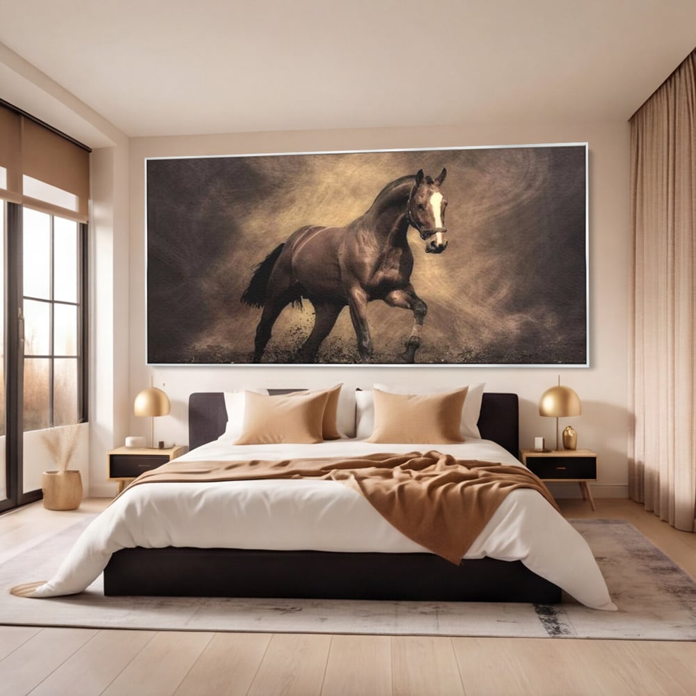 Tablou canvas cu tablou canvas cu cal maro in galop, in rama de aluminiu argintiu, pe perete intr-un dormitor
