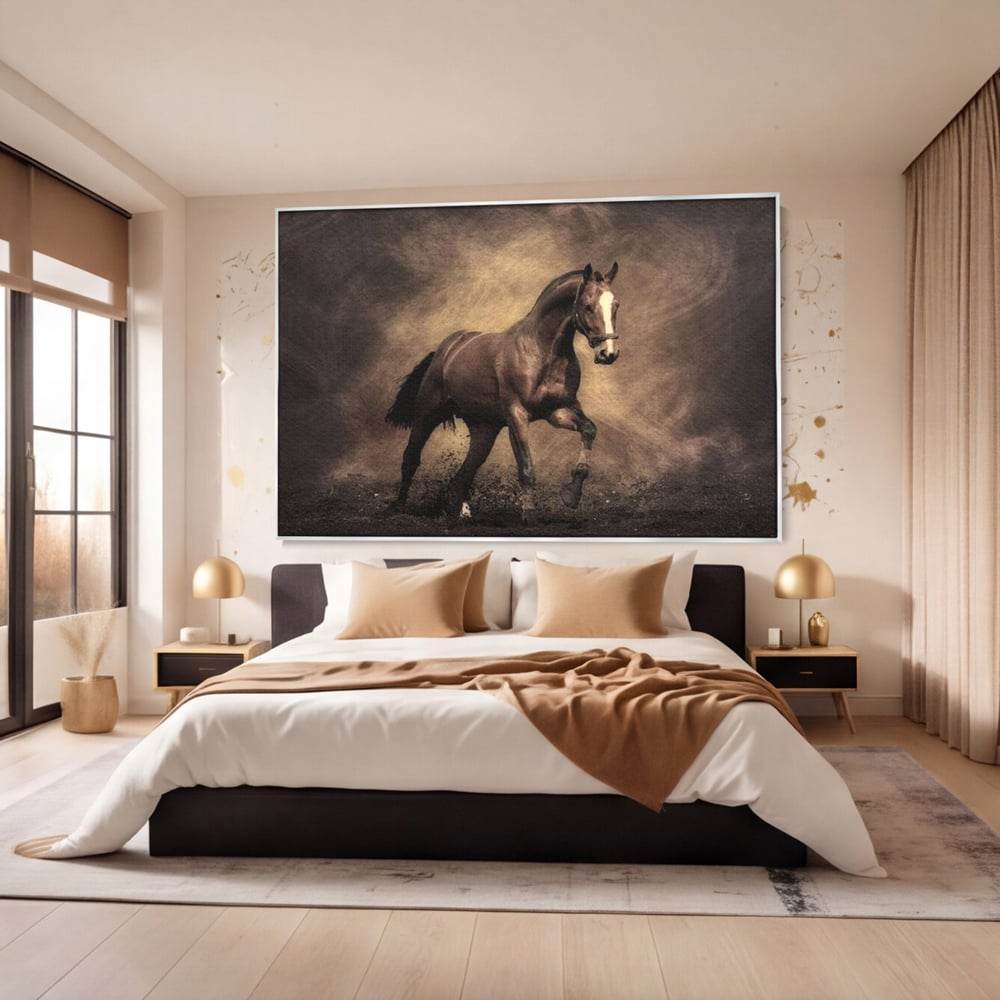 Tablou canvas cu tablou canvas cu cal maro in galop, in rama de aluminiu argintiu, pe perete intr-un dormitor