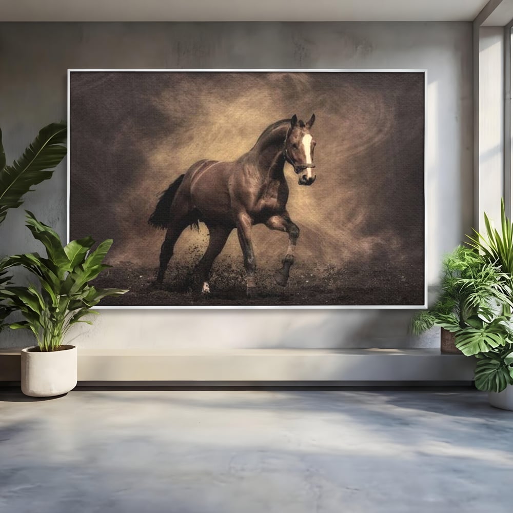 Tablou canvas cu tablou canvas cu cal maro in galop, in rama de aluminiu argintiu