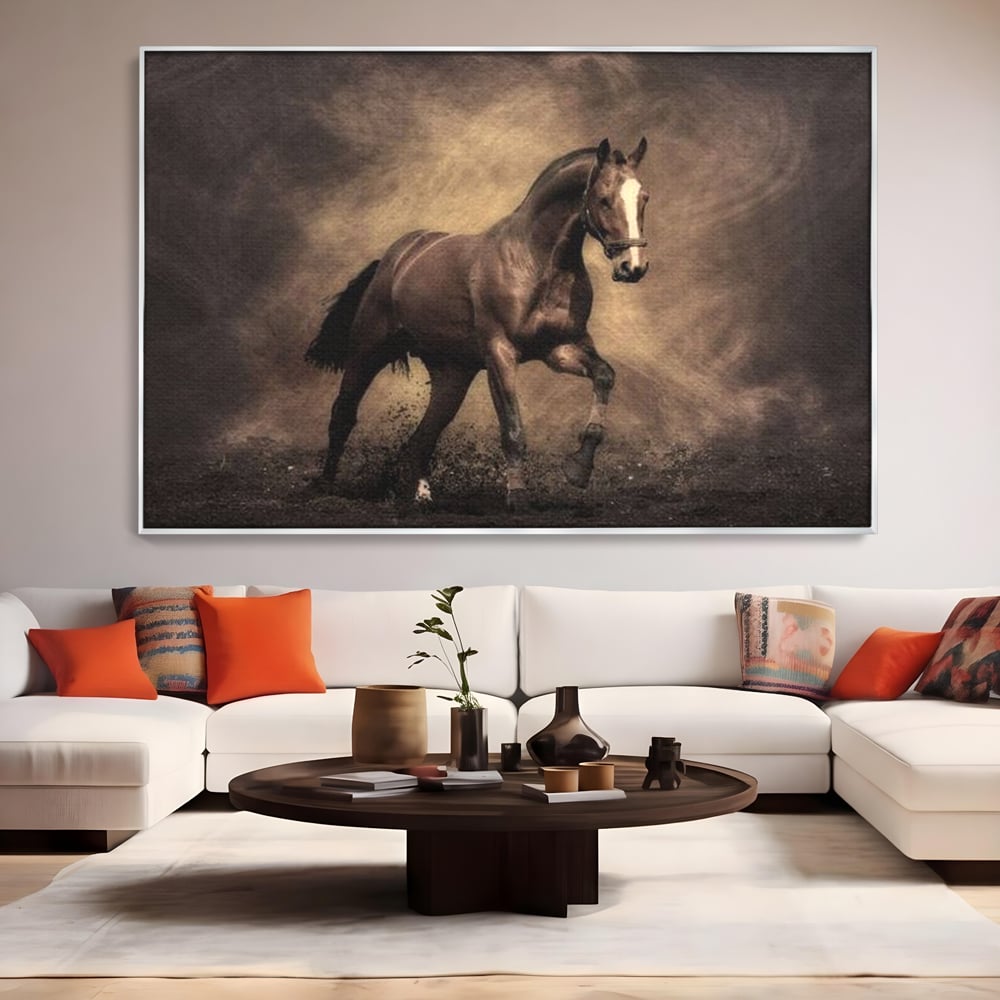 Tablou canvas cu tablou canvas cu cal maro in galop, in rama de aluminiu argintiu, pe perete intr-un living