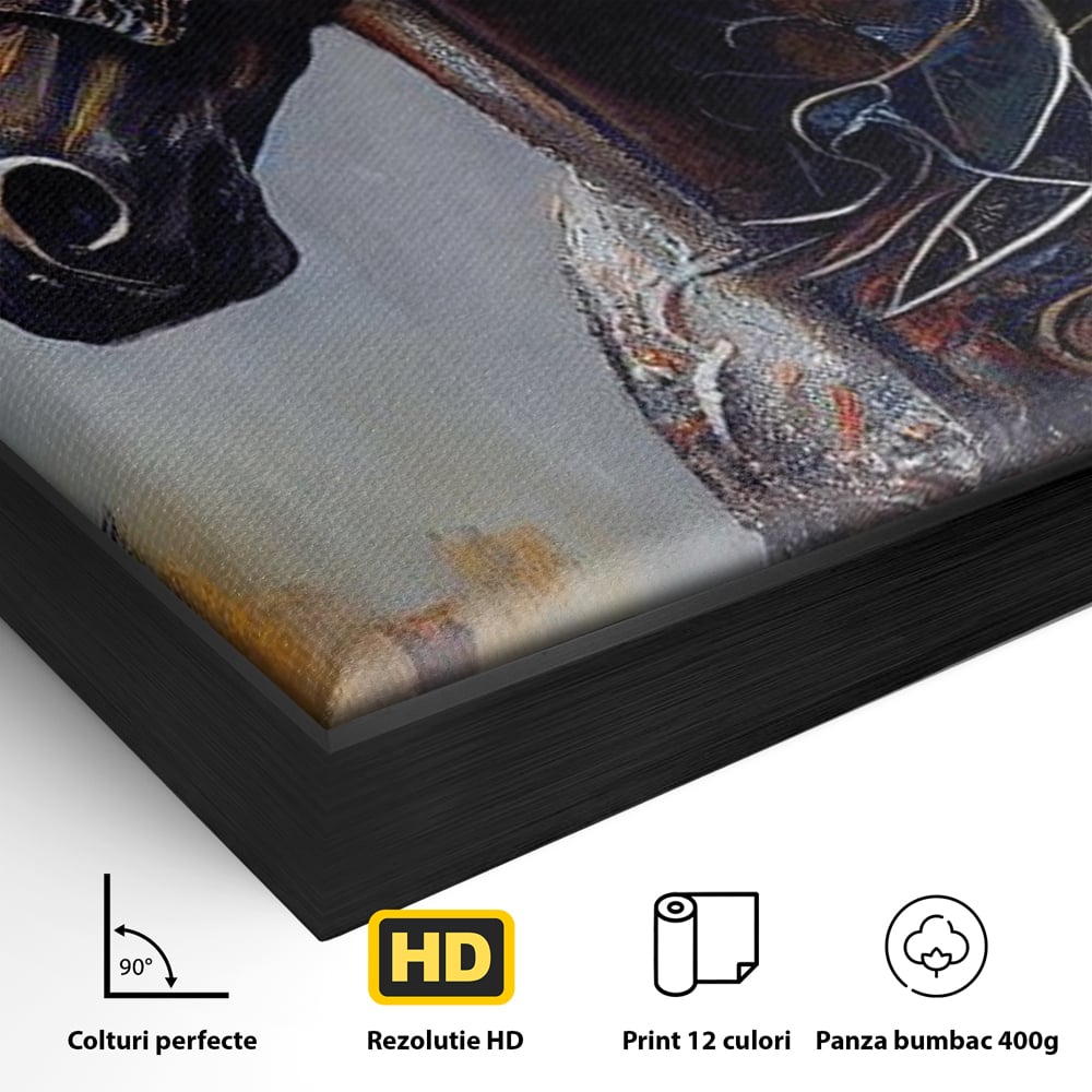 Detaliu al suprafetei: tablou canvas cu armasar in profil, in rama de aluminiu negru