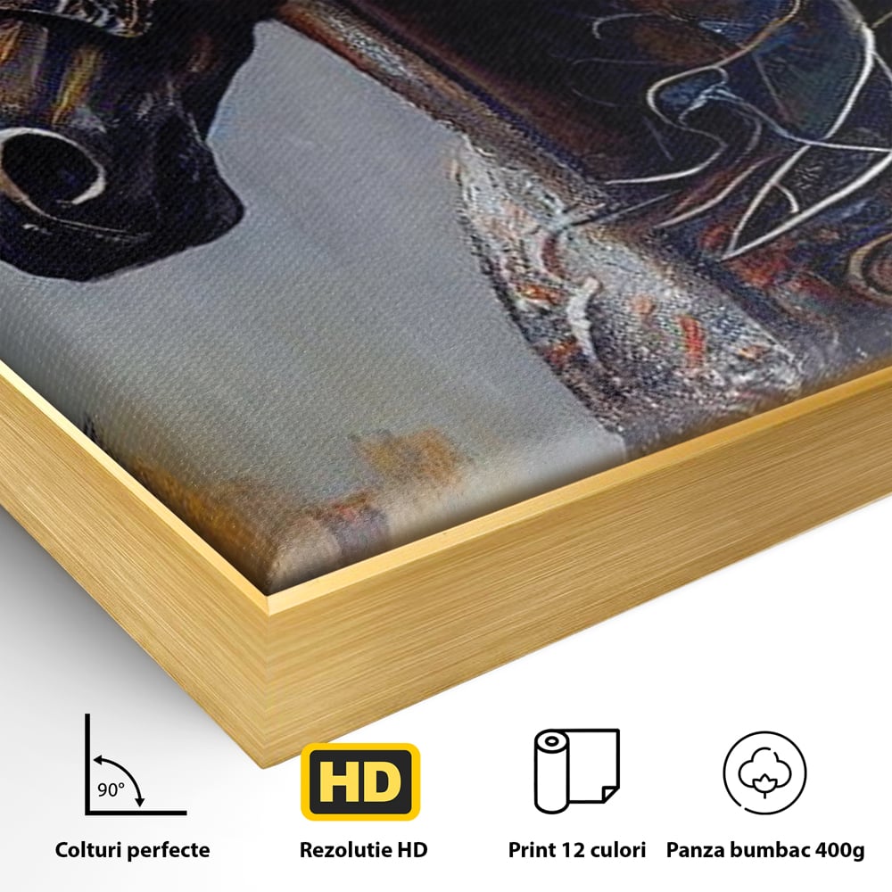Detaliu al suprafetei: tablou canvas cu armasar in profil, in rama de aluminiu auriu