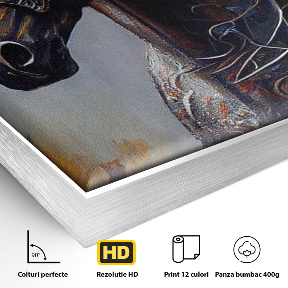 Detaliu al suprafetei: tablou canvas cu armasar in profil, in rama de aluminiu argintiu