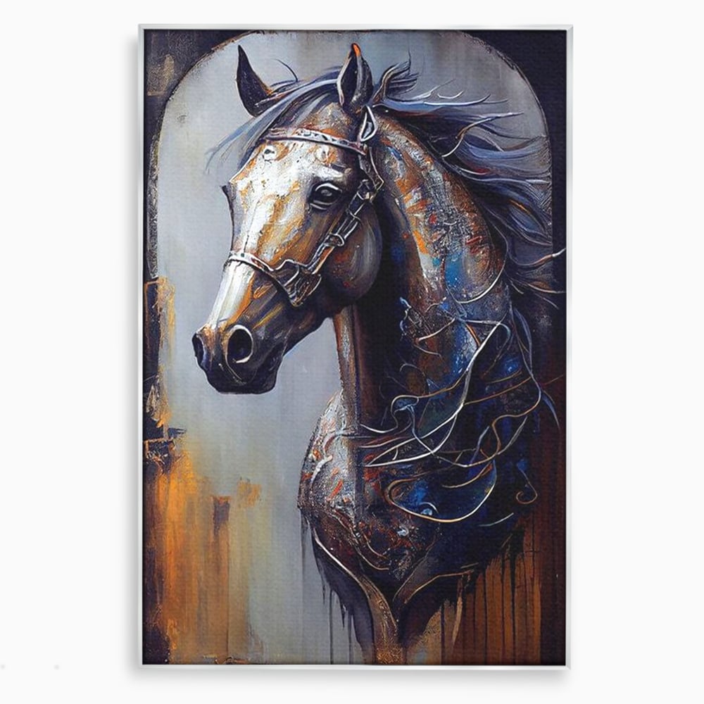 Tablou canvas cu tablou canvas cu armasar in profil, in rama de aluminiu argintiu