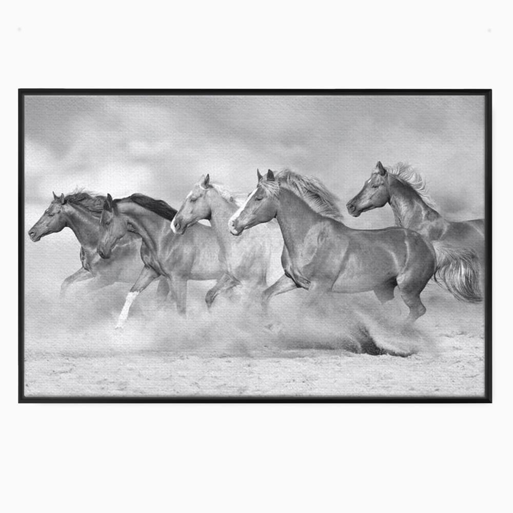 Tablou canvas cu tablou canvas cu cai in galop, in rama de aluminiu negru
