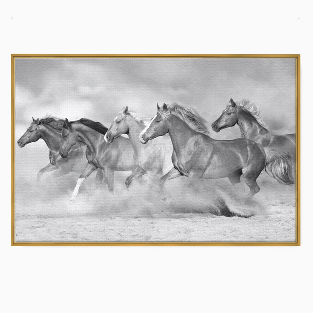 Tablou canvas cu tablou canvas cu cai in galop, in rama de aluminiu auriu