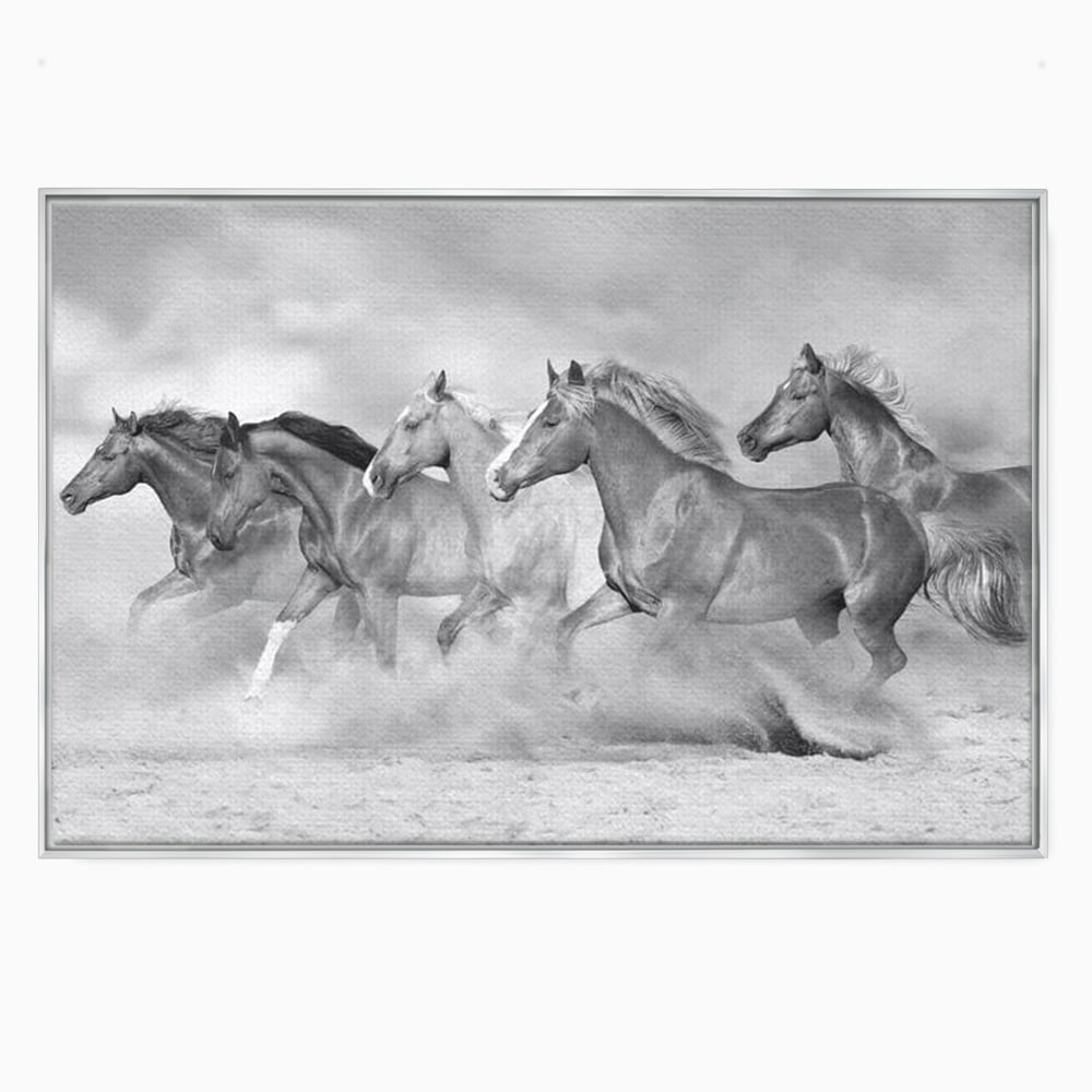 Tablou canvas cu tablou canvas cu cai in galop, in rama de aluminiu argintiu