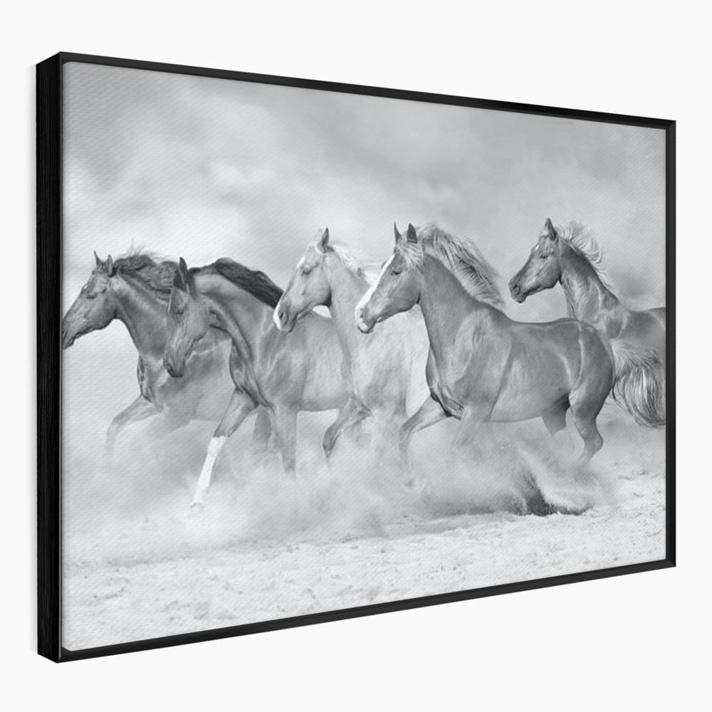 Tablou canvas cu tablou canvas cu cai in galop, in rama de aluminiu negru