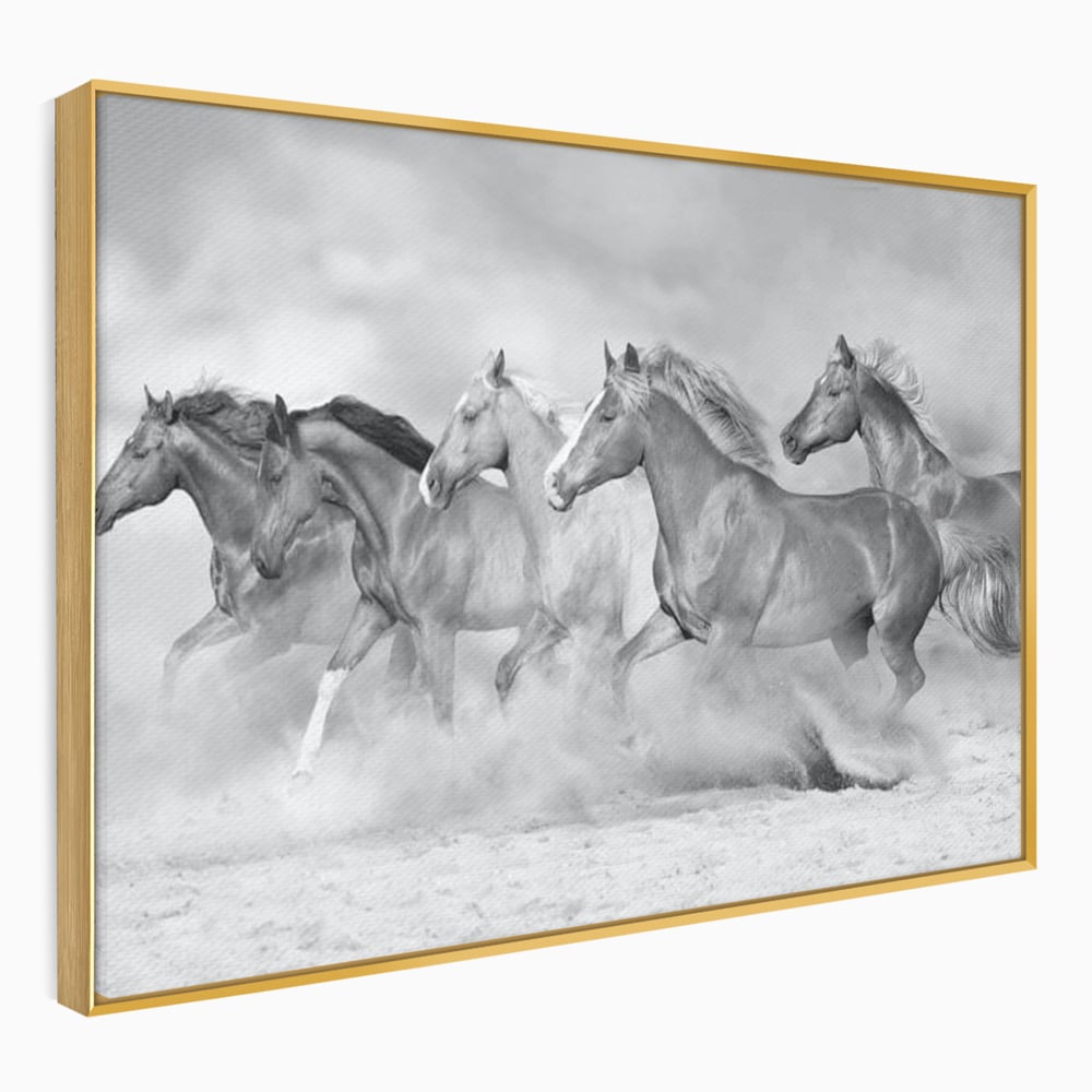 Tablou canvas cu tablou canvas cu cai in galop, in rama de aluminiu auriu