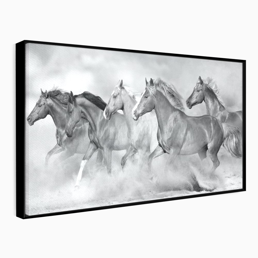 Tablou canvas cu tablou canvas cu cai in galop, in rama de aluminiu negru